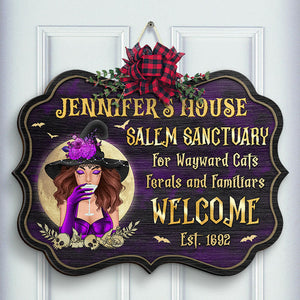 Salem Sanctuary For Wayward Cats, Ferals And Familiars - Personalized Witch Shaped Wood Sign - Gift For Witches, Gift For Yourself, Halloween Gift