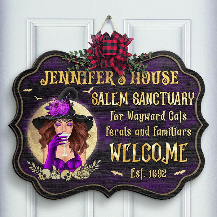 Salem Sanctuary For Wayward Cats, Ferals And Familiars - Personalized Witch Shaped Wood Sign - Gift For Witches, Gift For Yourself, Halloween Gift
