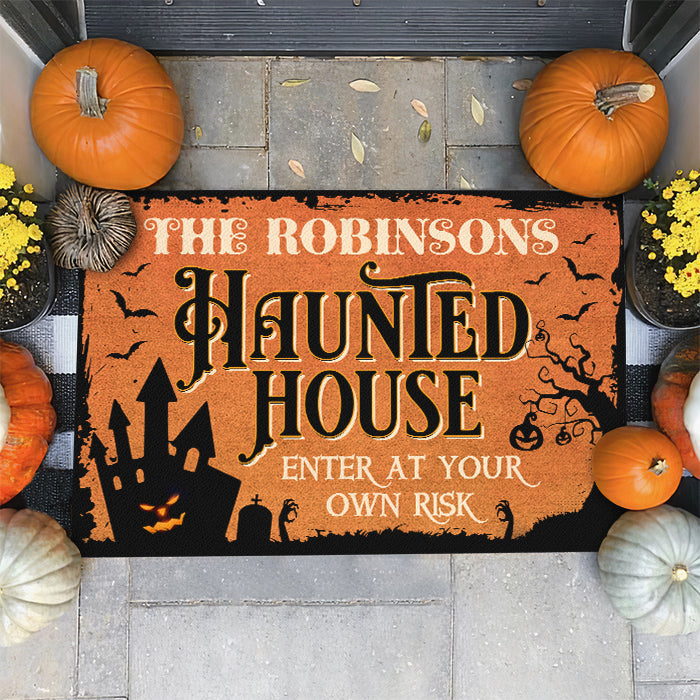 Enter At Your Own Risk - Personalized Decorative Mat, Halloween Ideas.