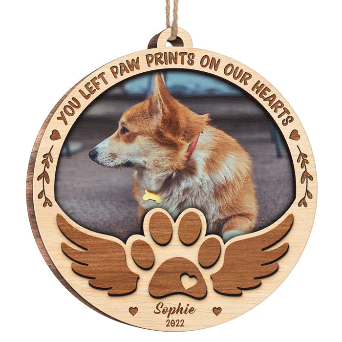 You Left Paw Prints On My Heart - Personalized Custom Snow Globe Shaped Wood Photo Christmas Ornament - Upload Image, Memorial Gift, Sympathy Gift, Christmas Gift