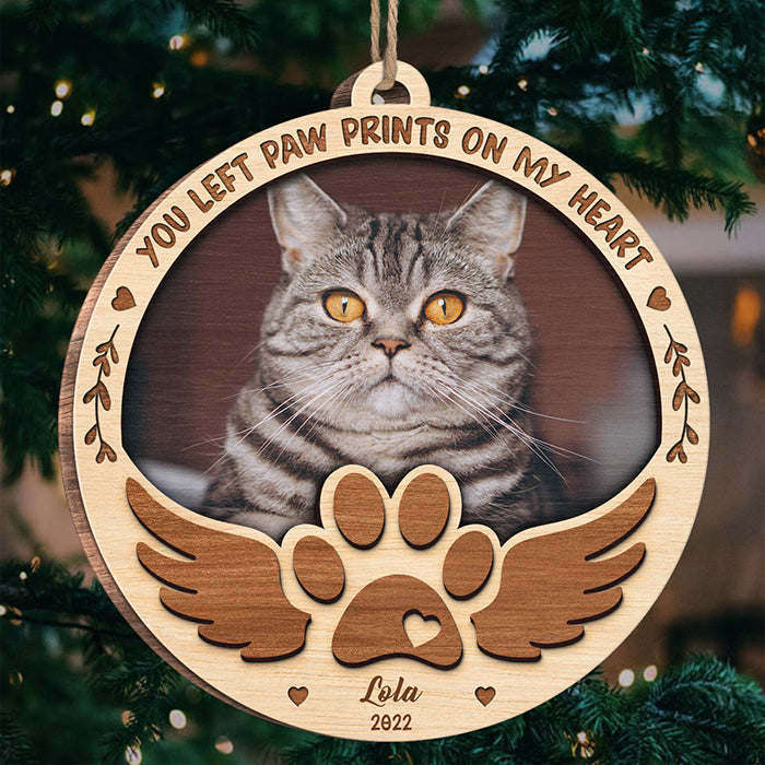 You Left Paw Prints On My Heart - Personalized Custom Snow Globe Shaped Wood Photo Christmas Ornament - Upload Image, Memorial Gift, Sympathy Gift, Christmas Gift