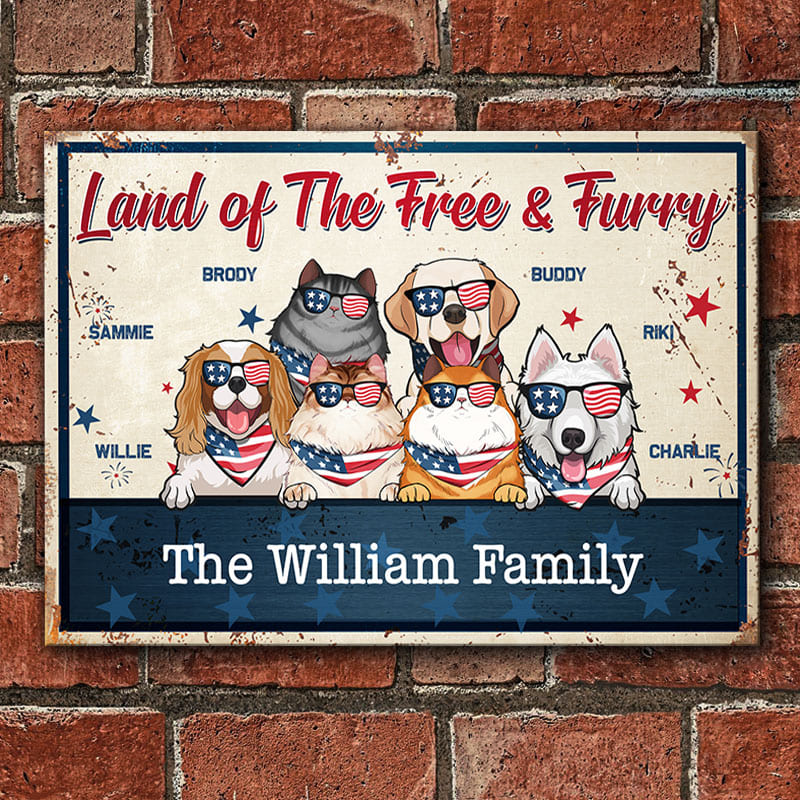Land Of The Free And Furry - 4th Of July Funny Personalized Pet Metal Sign (Cat & Dog)
