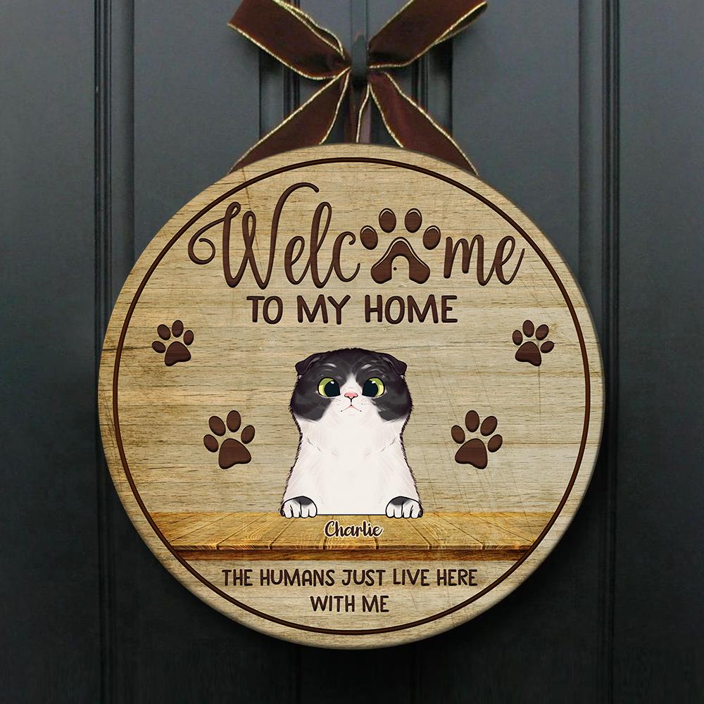Welcome To Our Home Peeking Cats - Funny Personalized Cat Door Sign.