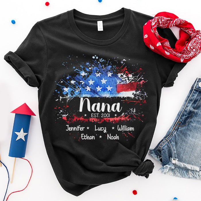 Nana Est With Grandma And Kid's Nickname - Gift For 4th Of July - Personalized Unisex T-Shirt