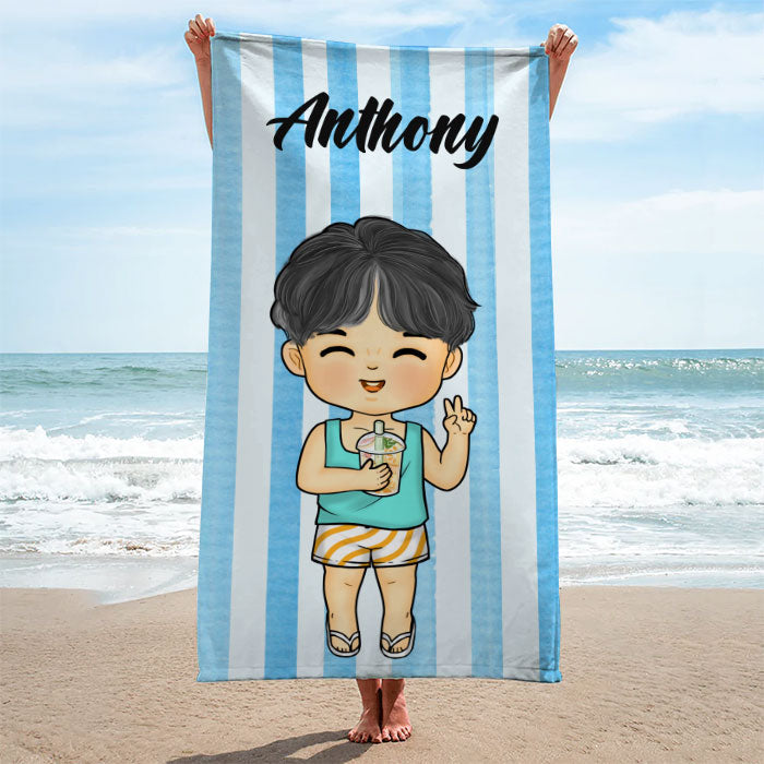 Family Chibi Summer Vacation - Personalized Beach Towel - Gift For Family