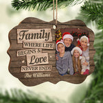 Family Where Love Never Ends - Personalized Custom Benelux Shaped Wood Photo Christmas Ornament - Upload Image, Gift For Family, Christmas Gift