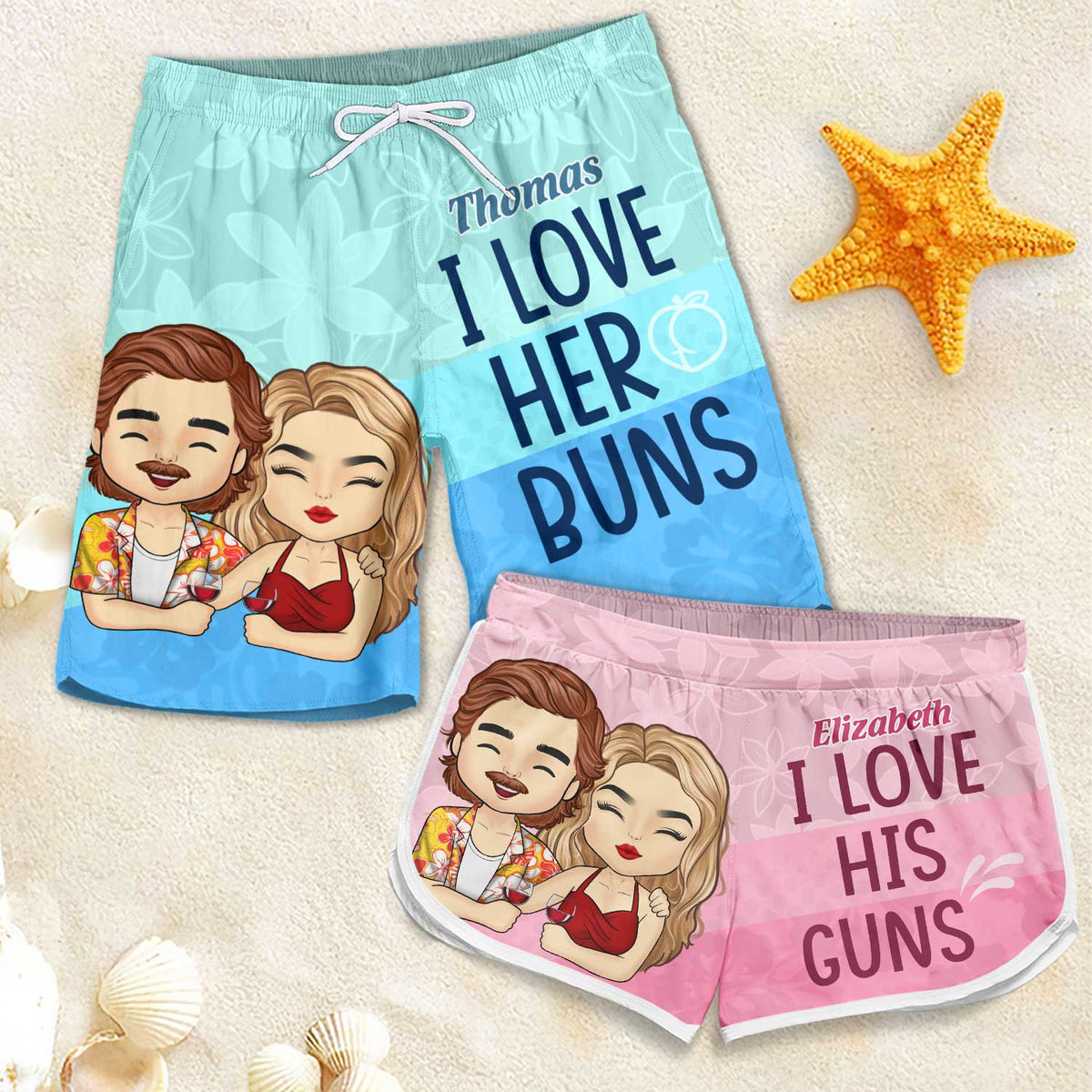 Love Her Buns Love His Guns - Personalized Couple Beach Shorts - Gift For Couples, Husband Wife