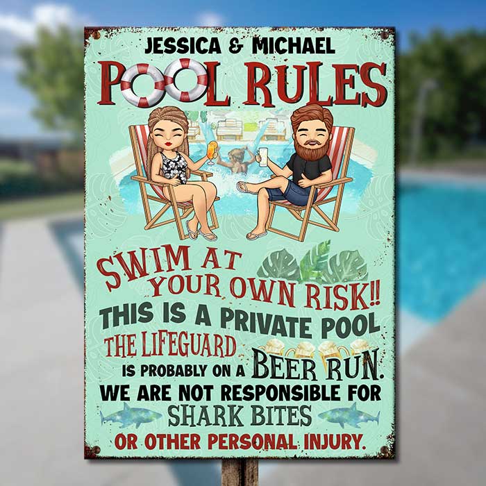 Swim At Your Own Risk - Personalized Metal Sign - Gift For Couples, Husband Wife