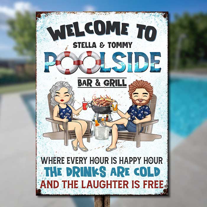 Welcome To Poolside Bar & Grill - Personalized Metal Sign - Gift For Couples, Husband Wife