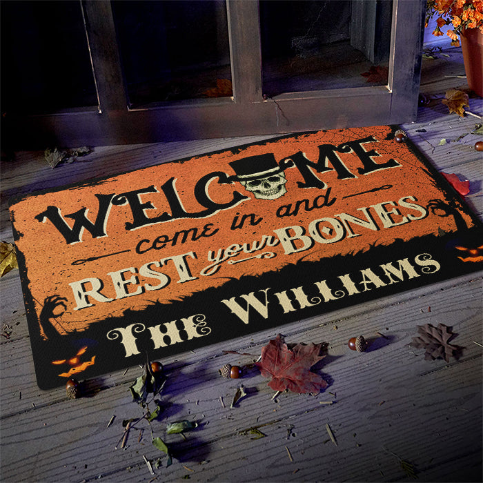 Come In And Rest Your Bones - Personalized Decorative Mat, Halloween Ideas.