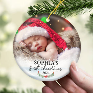 First Christmas - Personalized Custom Round Shaped Ceramic Photo Christmas Ornament - Upload Image, Gift For Family, Christmas Gift