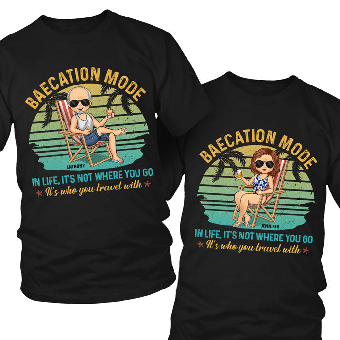 It's Not Where You Go, It's Who You Travel With - Personalized Matching Couple T-Shirt - Gift For Couple, Husband Wife, Anniversary, Engagement, Wedding, Marriage Gift