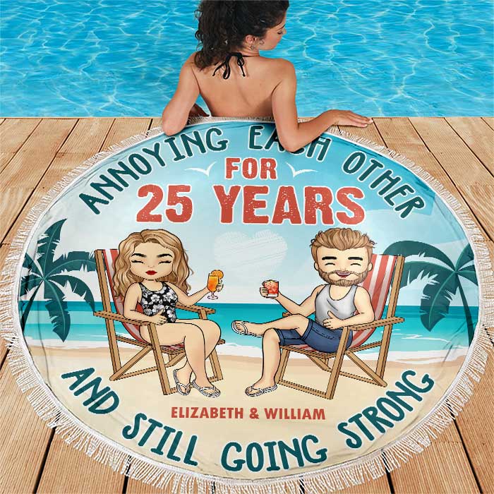 Husband Wife Annoying Each Other - Personalized Round Beach Towel - Gift For Couples, Husband Wife