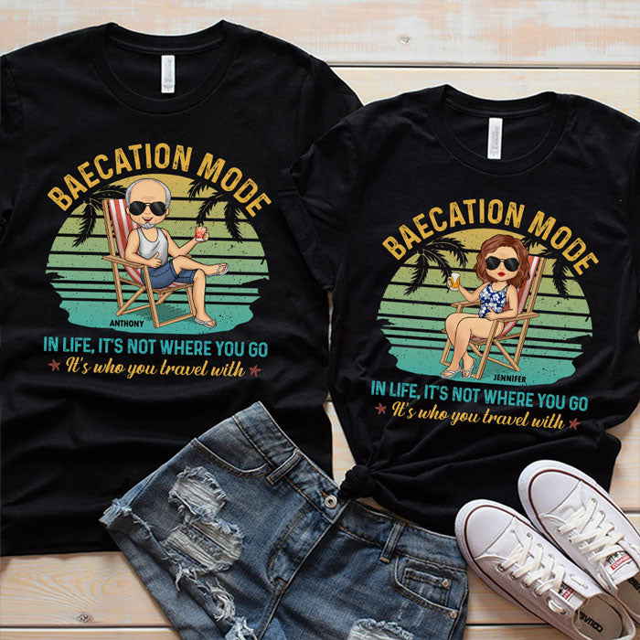 It's Not Where You Go, It's Who You Travel With - Personalized Matching Couple T-Shirt - Gift For Couple, Husband Wife, Anniversary, Engagement, Wedding, Marriage Gift