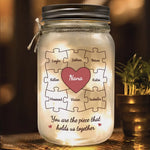 Custom Name Puzzle Heart Family Gifts for Grandma - Personalized Mason Jar Light