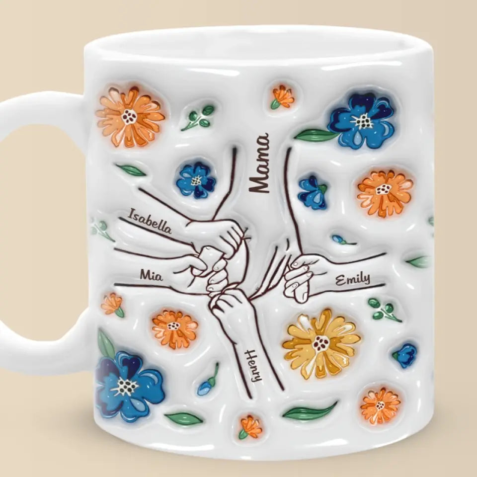 Tiens-moi la main, tiens mon cœur ! Mug personnalisé en 3D avec effet gonflé, idéal pour la fête des mères ou la fête des grands-mères.