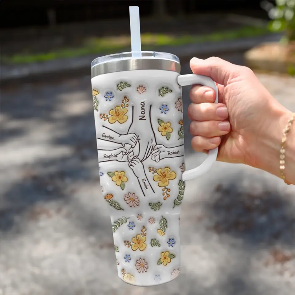 We Are Born Of Love, Love Is Our Mum - Family Personalized Custom 3D Inflated Effect Printed 40 Oz Stainless Steel Tumbler With Handle - Mother's Day, Gift For Mom, Grandma