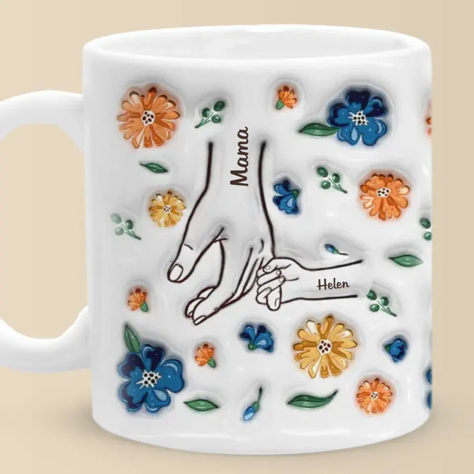 Tiens-moi la main, tiens mon cœur ! Mug personnalisé en 3D avec effet gonflé, idéal pour la fête des mères ou la fête des grands-mères.