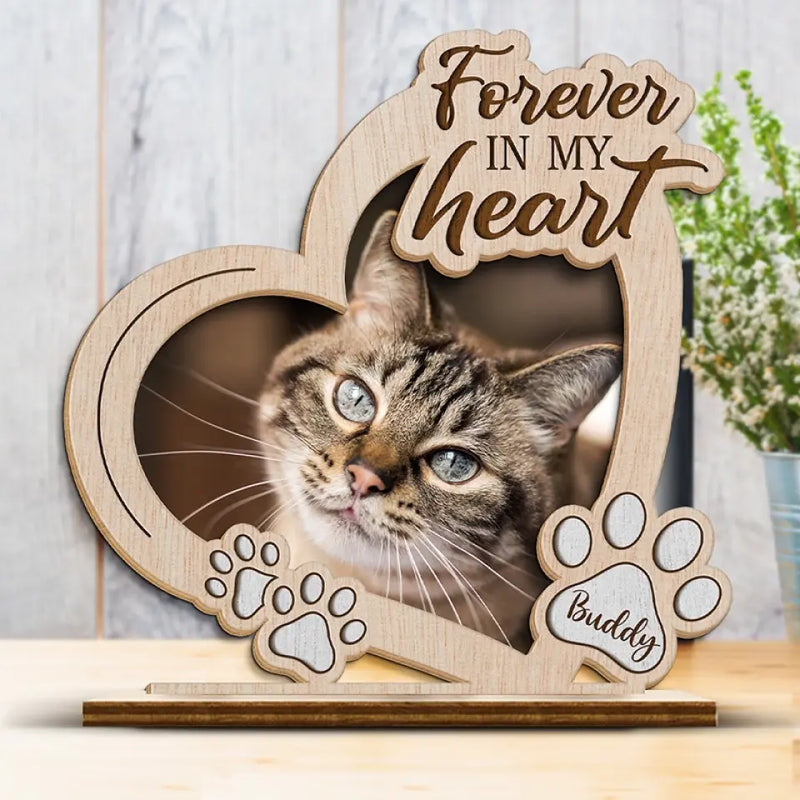 Custom Photo Forever In My Heart - Memorial Personalized Custom Shaped 2-Layered Wooden Plaque With Flat Stand - House Warming Gift For Pet Owners, Pet Lovers