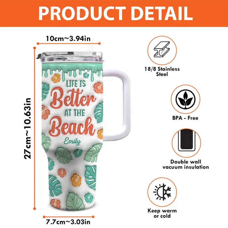 I Felt Like Summer Had Taken Me Over - Bestie Personalized Custom 3D Inflated Effect Printed 40 Oz Stainless Steel Tumbler With Handle - Summer Vacation Gift For Best Friends, BFF, Sisters