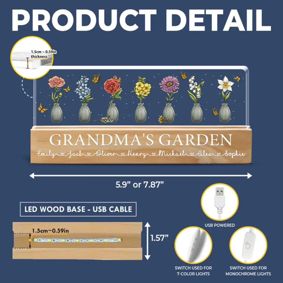 Grandma's Garden - Family Personalized Custom Acrylic Letters 3D LED Night Light - Gift For Mom, Grandma