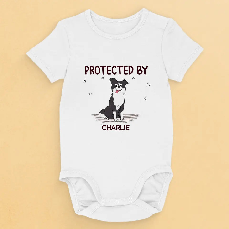 Protected By Dog Baby Bodysuit, Custom Dog Breed Bodysuit, Personalized Dog Name