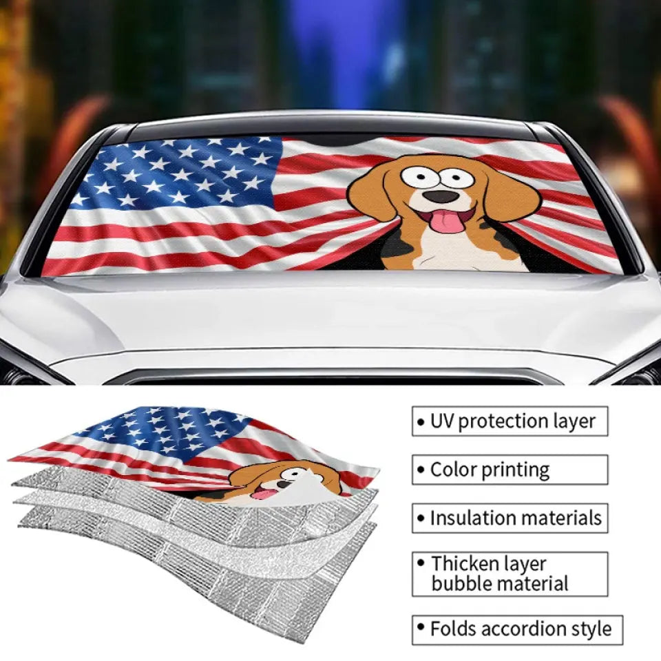 Land Of The Free & Furry - Dog & Cat Personalized Custom Auto Windshield Sunshade, Car Window Protector - 4th of July, Gift For Pet Owners, Pet Lovers