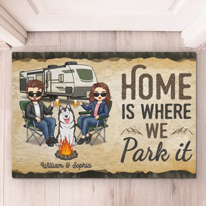 La maison est là où nous la garons - Tapis décoratif personnalisé pour la décoration intérieure - Cadeau de pendaison de crémaillère pour mari, femme, amoureux du camping, propriétaires d'animaux, amoureux des animaux