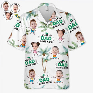 Photo personnalisée juste un père et ses enfants - Chemise hawaïenne tropicale unisexe personnalisée pour la famille - Cadeau de vacances d'été, cadeau pour papa, grand-père