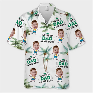 Photo personnalisée juste un père et ses enfants - Chemise hawaïenne tropicale unisexe personnalisée pour la famille - Cadeau de vacances d'été, cadeau pour papa, grand-père