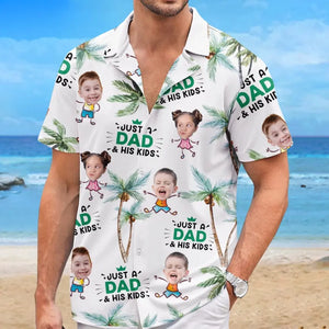 Photo personnalisée juste un père et ses enfants - Chemise hawaïenne tropicale unisexe personnalisée pour la famille - Cadeau de vacances d'été, cadeau pour papa, grand-père