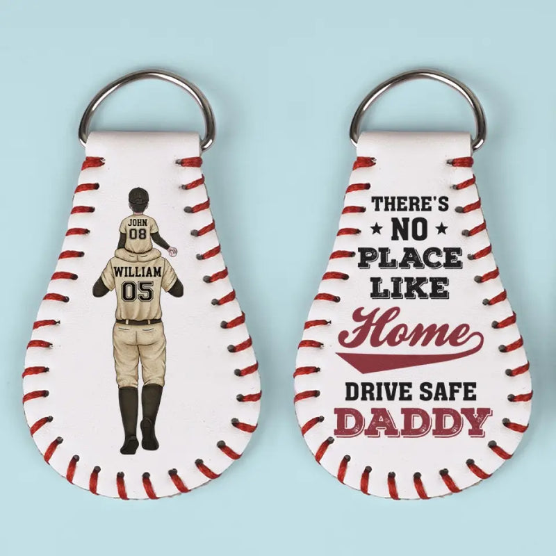 There's No Place Like Home - Family Personalized Custom Leather Keychain - Gift For Dad, Baseball Fans