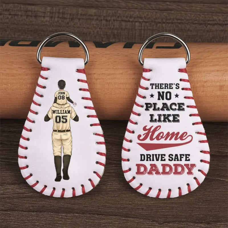 There's No Place Like Home - Family Personalized Custom Leather Keychain - Gift For Dad, Baseball Fans