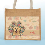 Custom Name Floral Dog Gifts for Pet Lovers - Personalized Jute Tote Bag