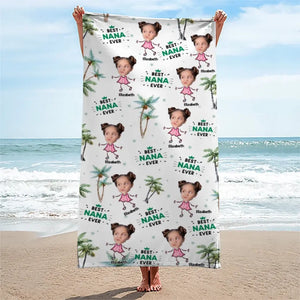 Serviette de plage personnalisée avec photo « Meilleure grand-mère de tous les temps » - Cadeau de vacances d'été pour grand-mère