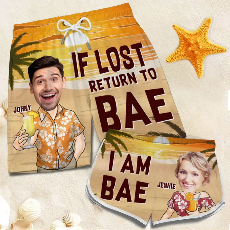 Custom Photo If Lost Return To Bae - Funny Personalized Custom Tropical Hawaiian Aloha Couple Beach Shorts - Summer Vacation Gift, Birthday Party Gift For Husband Wife