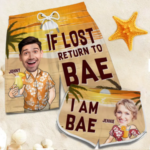 Custom Photo If Lost Return To Bae - Funny Personalized Custom Tropical Hawaiian Aloha Couple Beach Shorts - Summer Vacation Gift, Birthday Party Gift For Husband Wife