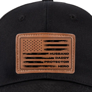 My Dad, My Hero, My Love - Family Leather Patch Hat - Gift For Dad