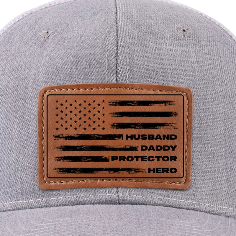 My Dad, My Hero, My Love - Family Leather Patch Hat - Gift For Dad