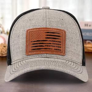 My Dad, My Hero, My Love - Family Leather Patch Hat - Gift For Dad