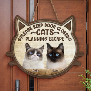 Custom Photo Cat Planning Escape - Dog & Cat Personalized Custom Home Decor Wood Sign - House Warming Gift For Pet Owners, Pet Lovers