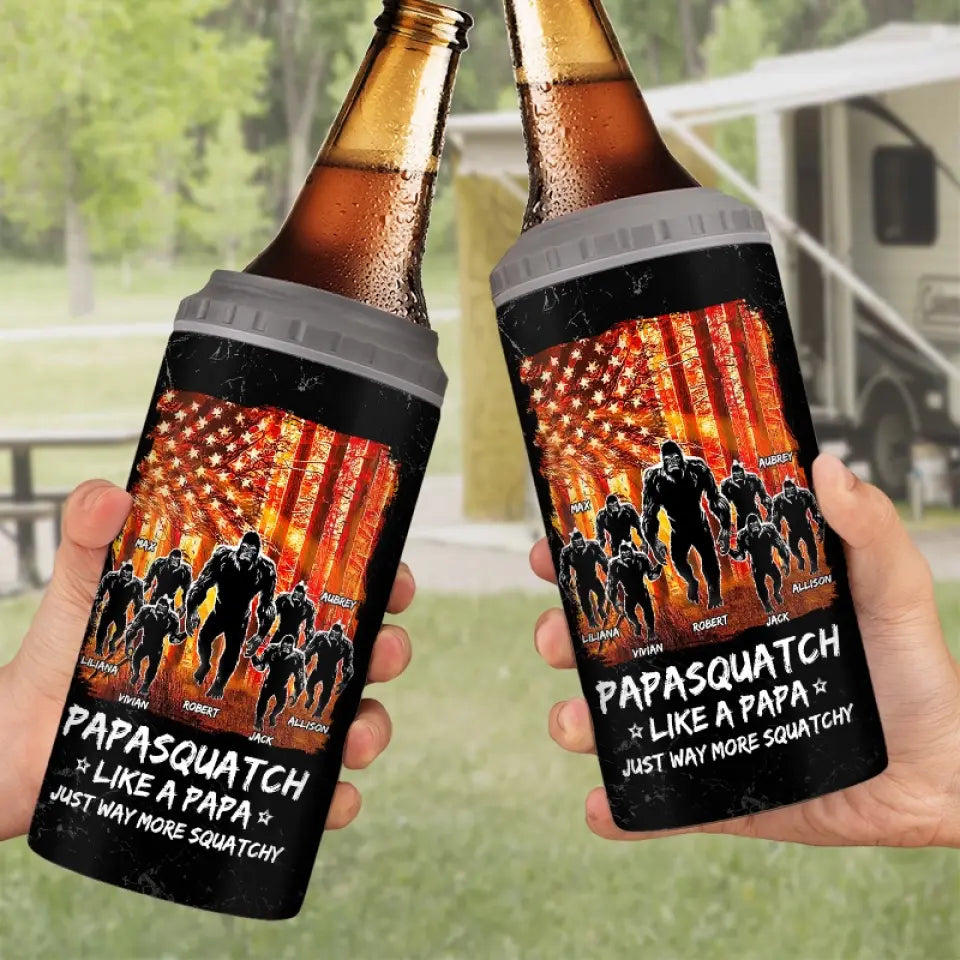 Papa Bigfoot, Protector Of The Wild - Family Personalized Custom 4 In 1 Can Cooler Tumbler - Gift For Dad, Grandpa