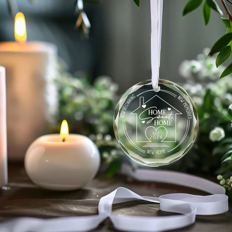 New Home New Beginning New Memories - Couple Personalized Custom Circle Glass Ornament - Gift For Husband Wife, Anniversary