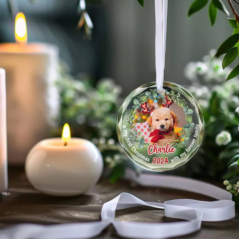 Custom Photo Celebrate Christmas With Furry Friends - Dog & Cat Personalized Custom Circle Glass Ornament - Christmas Gift For Pet Owners, Pet Lovers, First Christmas