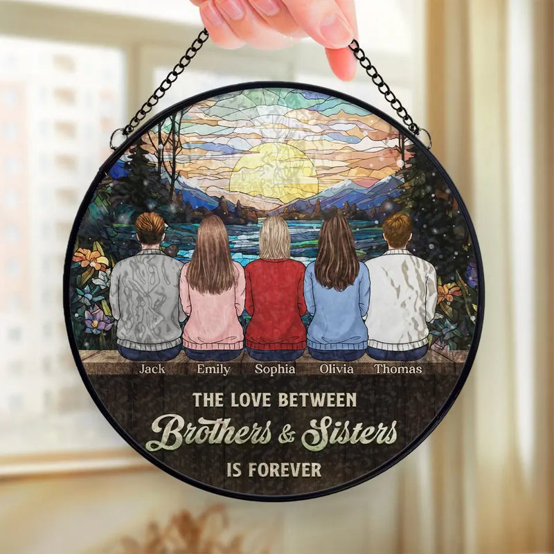 The Love Between Siblings Knows No Boundaries - Family Personalized Custom Stained Glass Window Hanging Suncatcher - Christmas Gift For Siblings, Brothers, Sisters
