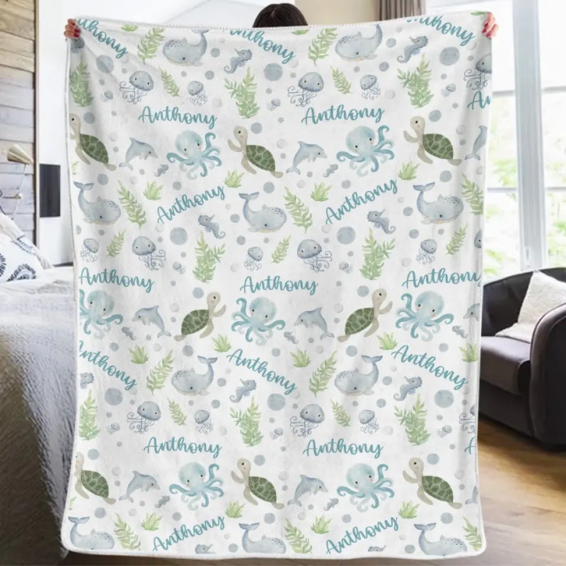 Let Dreams Sail With Friendly Sea Animals - Family Personalized Custom Blanket - Gift For Baby Kids, Newborn Baby