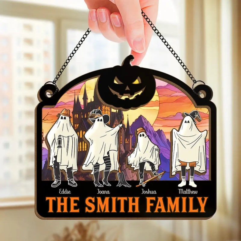 We're Hiding In The Walls, Creeping Out At Midnight - Family Personalized Window Hanging Suncatcher - Halloween Gift For Family Members