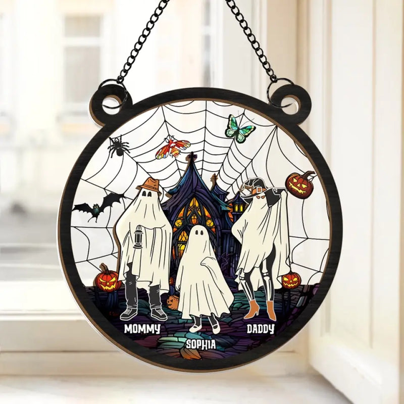 Wishing You A Haunting Night - Family Personalized Window Hanging Suncatcher - Halloween Gift For Family Members
