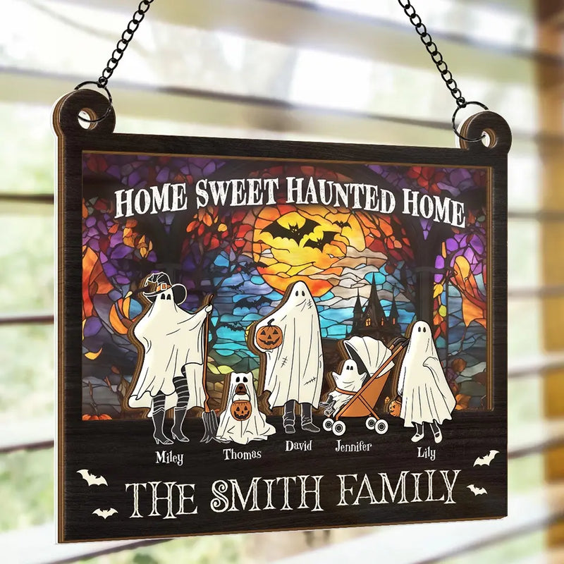 Home Sweet Haunted Home - Family Personalized Window Hanging Suncatcher - Halloween Gift For Family Members
