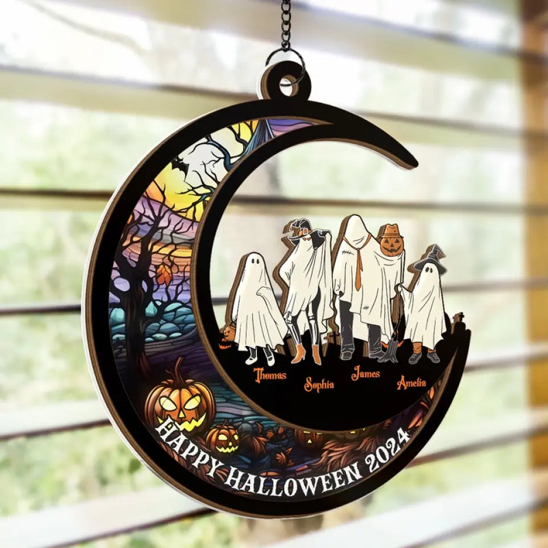 Halloween Brings Us Together For Fun And Laughter - Family Personalized Window Hanging Suncatcher - Halloween Gift For Family Members